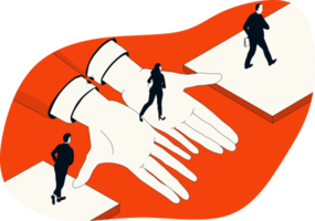 A group of people crosses the broken bridge with giant helping hands. The concept of support and help. png