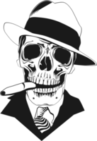 Front view of a skull with a hat and a cigar. png