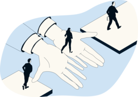 A group of people crosses the broken bridge with giant helping hands. The concept of support and help. png