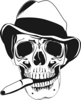 Front view of a skull with a hat and a cigar. png