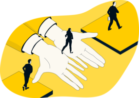 A group of people crosses the broken bridge with giant helping hands. The concept of support and help. png