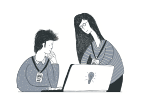 Mentorship. The mentor helps her less experienced colleague to solve the problem. Teamwork concept illustration. png