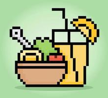 8 Bit Pixels Healthy food in a bowl, isolated juice drinks. Vegetarian foods for game assets and cross stitching patterns in vector illustrations.