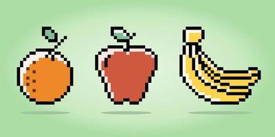 8 Bit Pixels Healthy food, orange fruits, apple fruits, and banana. Vegetarian foods icon for Retro games in vector illustrations.