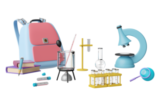 3d backpack, school bag, microscope with globe, magnifying, beaker, test tube isolated. room online innovative education, e-learning, science experiment kit concept, 3d render png