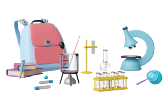 3d mochila, escola bolsa, microscópio com globo, ampliação, taça, teste tubo isolado. quarto conectados Inovativa Educação, e-learning, Ciência experimentar kit conceito, 3d render png