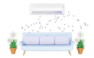 3d luft balsam systemet med anjon, ozon, pil luft flöden visar, bänk eller soffa i rum isolerat. 3d framställa illustration png