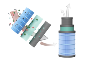 3d 3-lager runda luft filtrera för filtrering damm, kl. 5, virus, odör, pil luft flöden visar, förhindrar ångor och lukt från kemikalier, virus, allergen, 3d framställa illustration, isolerat png