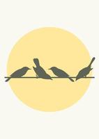 Silhouettes of the sitting birds on a wire against the sun. Aesthetic illustration poster. Minimalistic style wall decor. Contemporary artistic print. vector