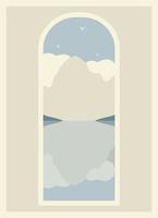 Minimalistic mountains landscape window view illustration poster. Mid century modern vector art with hand drawn mountains and lake.