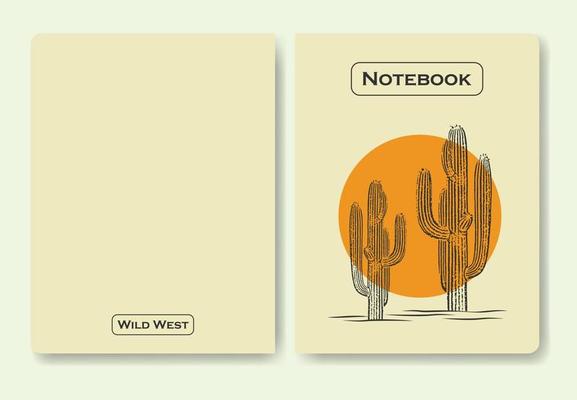Notebook cover wild west desert vintage design. Cacti plant with sun vector line art minimalist symbol illustration design. Can be used for cover, print, poster