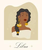 Libra zodíaco firmar afro mujer dibujos animados vector ilustración. aire astrológico símbolo, dama con escamas. personaje para comercial, impresión diseño.