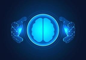 Two hands embracing the technology of artificial intelligence Refers to people who feed data to the AI system to process and work with humans. It saves time and business budget. vector
