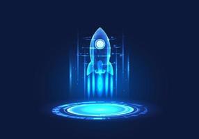 Rocket is above the technology circle. It means using smart technology to help the company's business grow and expand rapidly. Both in the online world the Internet generates income for business vector