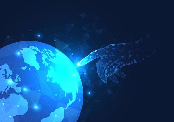 Businessman's finger is pointing at the earth It means that business people work through the system of smart technology. Let the company progress quickly. Able to beat business rivals