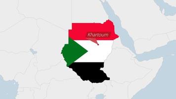 Sudan map highlighted in Sudan flag colors and pin of country capital Khartoum. vector