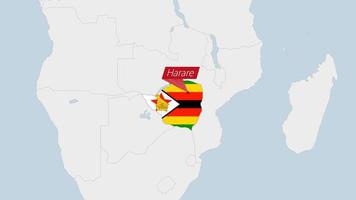 Zimbabwe map highlighted in Zimbabwe flag colors and pin of country capital Harare. vector