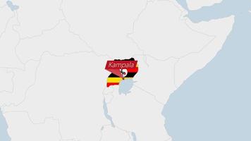 Uganda map highlighted in Uganda flag colors and pin of country capital Kampala. vector