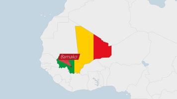 Mali map highlighted in Mali flag colors and pin of country capital Bamako. vector