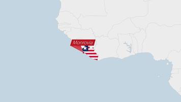 Liberia map highlighted in Liberia flag colors and pin of country capital Monrovia. vector