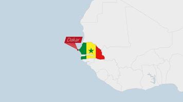 Senegal map highlighted in Senegal flag colors and pin of country capital Dakar. vector