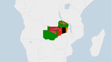 Zambia map highlighted in Zambia flag colors and pin of country capital Lusaka. vector