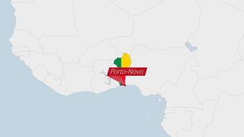 Benin map highlighted in Benin flag colors and pin of country capital Porto-Novo. vector