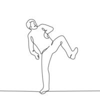 man stands on one leg and with the other leg he is going to hit someone or kick something - one line drawing vector