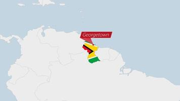 Guyana map highlighted in Guyana flag colors and pin of country capital Georgetown. vector