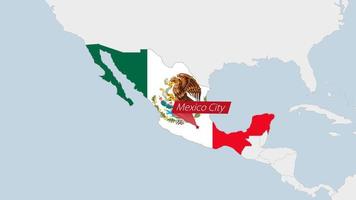 Mexico map highlighted in Mexico flag colors and pin of country capital Mexico City. vector