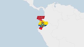 Ecuador map highlighted in Ecuador flag colors and pin of country capital Quito. vector