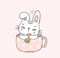 Cute kawaii happy white bunny rabbit in coffee cup, bunny coffee, cute cartoon character animal hand drawing doodle vector