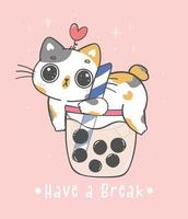 Kawaii calico kitten cat on bubble tea cup, boba cat Have a break, adorable cartoon animal doodlee hand drawing vector