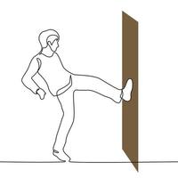 hombre pateando cerrado puerta - uno línea dibujo vector. concepto descanso en el puerta, ataque o pecado en privado propiedad vector