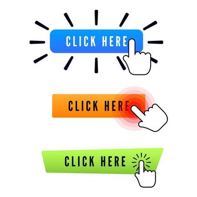 Hand cursor over button with text click here. Set of different buttons. Web icons element. Vector illustration isolated on white background