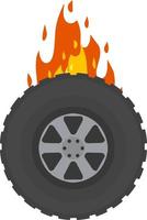 Burning wheel of car. Flames on tire. Symbol of speed and racing. Technical problems and accident. Fire on road. vector