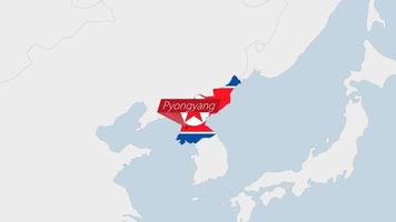 North Korea map highlighted in North Korea flag colors and pin of country capital Pyongyang. vector