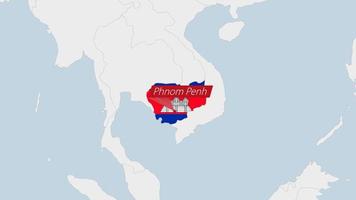 Cambodia map highlighted in Cambodia flag colors and pin of country capital Phnom Penh. vector