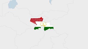 Tajikistan map highlighted in Tajikistan flag colors and pin of country capital Dushanbe. vector