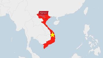 Vietnam map highlighted in Vietnam flag colors and pin of country capital Hanoi. vector