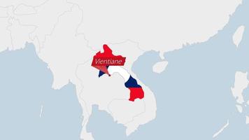 Laos map highlighted in Laos flag colors and pin of country capital Vientiane. vector