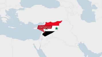 Syria map highlighted in Syria flag colors and pin of country capital Damascus. vector