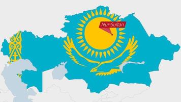 Kazakhstan map highlighted in Kazakhstan flag colors and pin of country capital Nur-Sultan. vector