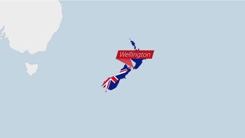 nuevo Zelanda mapa destacado en nuevo Zelanda bandera colores y alfiler de país capital wellington vector