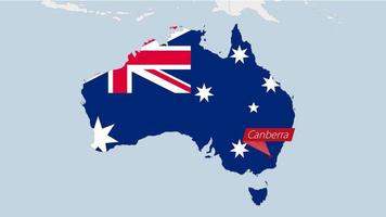 Australia map highlighted in Australia flag colors and pin of country capital Canberra. vector