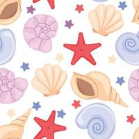 Shells seamless pattern. Cute pastel pattern with shell and starfish. Summer pattern vector illustration.