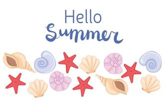 Hello summer banner with shells. vector