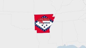 US State Arkansas map highlighted in Arkansas flag colors and pin of country capital Phoenix. vector