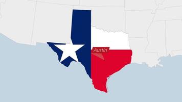 US State Texas map highlighted in Texas flag colors and pin of country capital Austin. vector