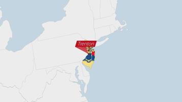 US State New Jersey map highlighted in New Jersey flag colors and pin of country capital Trenton. vector